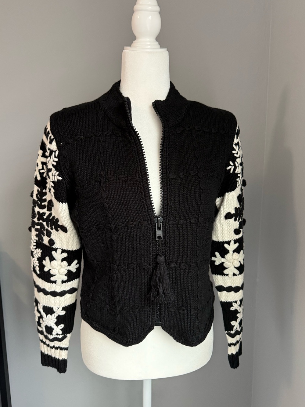 Michael Simon Black White Winter Snowflake Knit Zip Sweater Jacket Vintage Rare